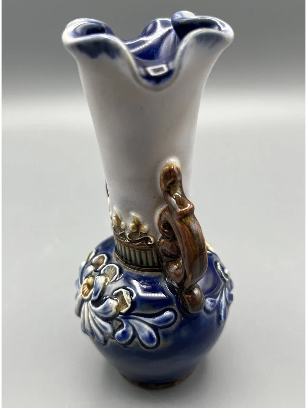 Doulton Lambeth Stoneware Vase Art Nouveau Blue Floral Relief Double Handles